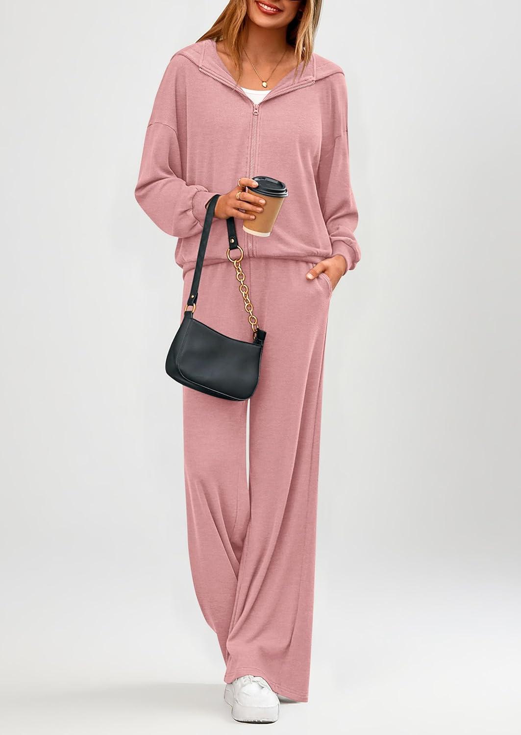 imagePRETTYGARDEN Womens 2 Piece Fall Lounge Sets 2026 Zip Up Hoodie Wide Leg Tracksuit Spring Matching Travel Outfits ClothesPink