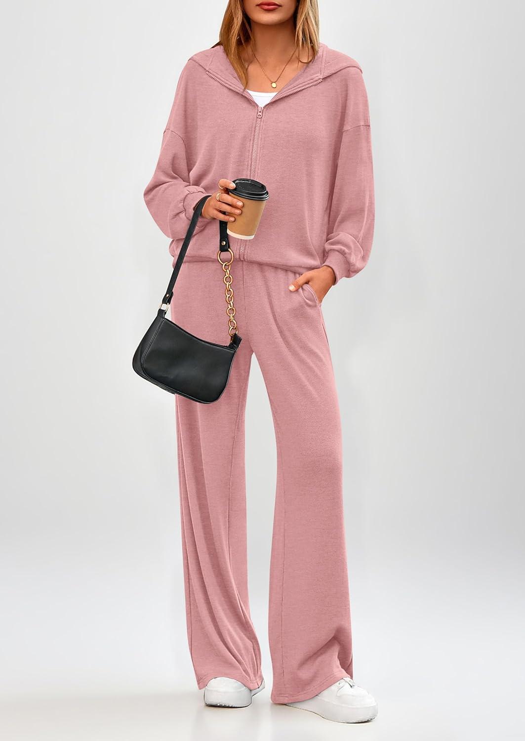 imagePRETTYGARDEN Womens 2 Piece Fall Lounge Sets 2026 Zip Up Hoodie Wide Leg Tracksuit Spring Matching Travel Outfits ClothesPink