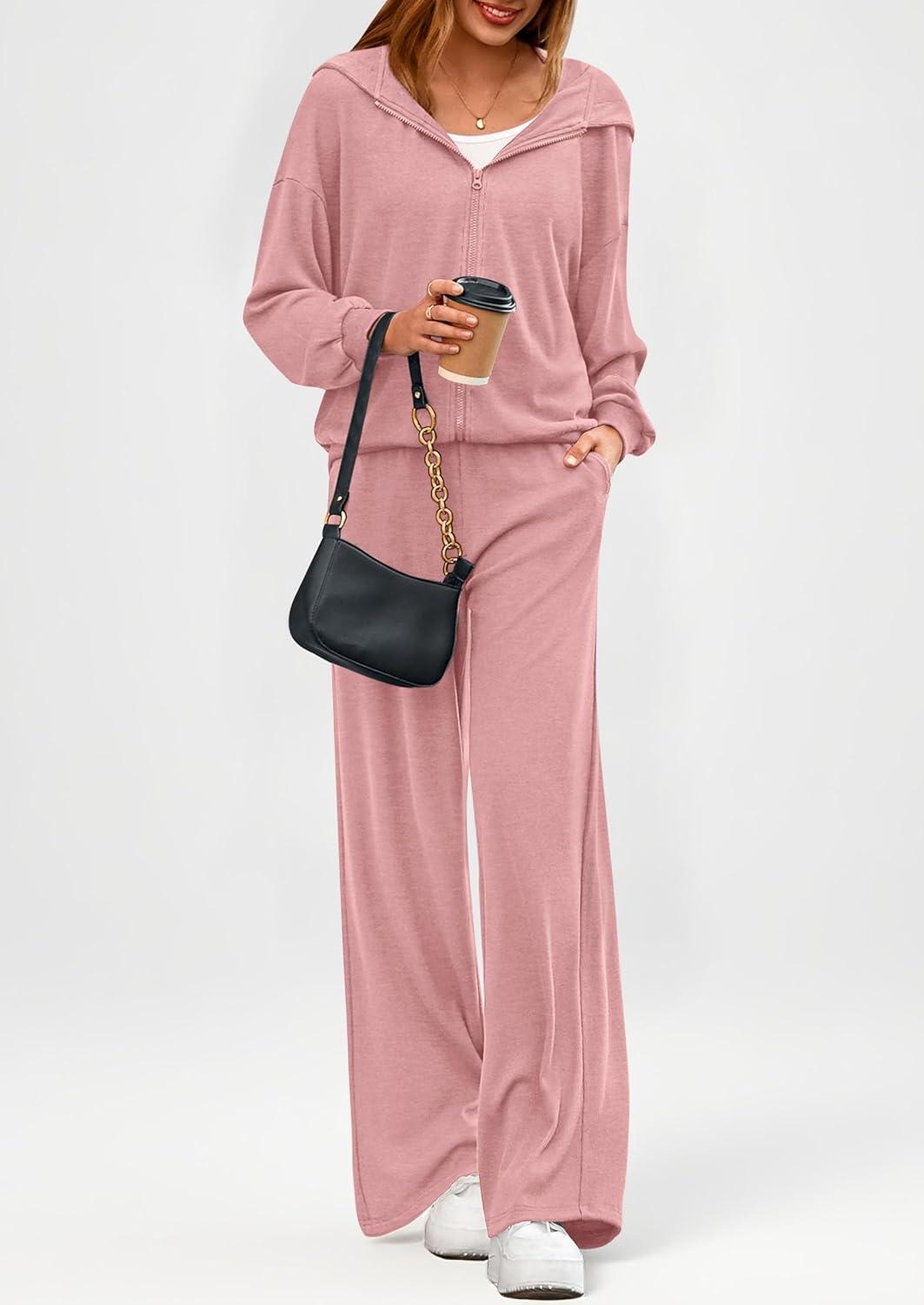 imagePRETTYGARDEN Womens 2 Piece Fall Lounge Sets 2026 Zip Up Hoodie Wide Leg Tracksuit Spring Matching Travel Outfits ClothesPink