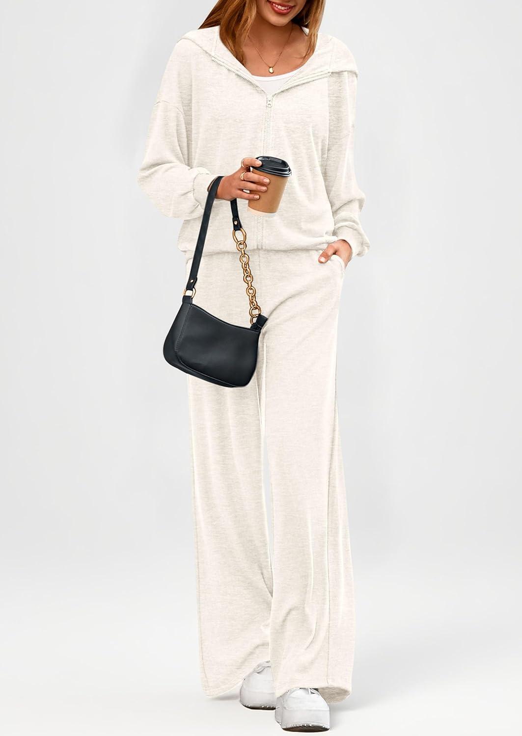 imagePRETTYGARDEN Womens 2 Piece Fall Lounge Sets 2026 Zip Up Hoodie Wide Leg Tracksuit Spring Matching Travel Outfits ClothesWhite