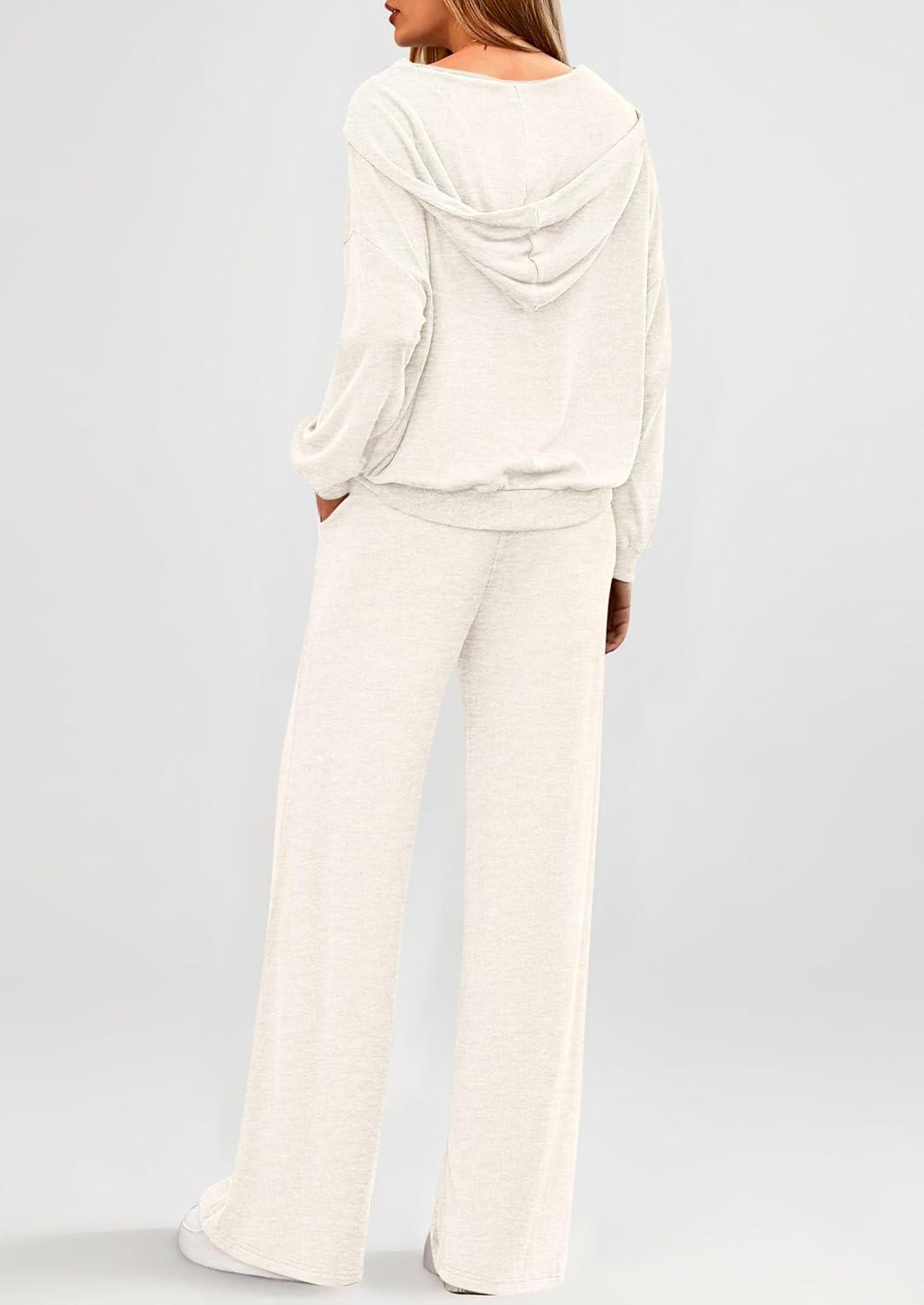 imagePRETTYGARDEN Womens 2 Piece Fall Lounge Sets 2026 Zip Up Hoodie Wide Leg Tracksuit Spring Matching Travel Outfits ClothesWhite