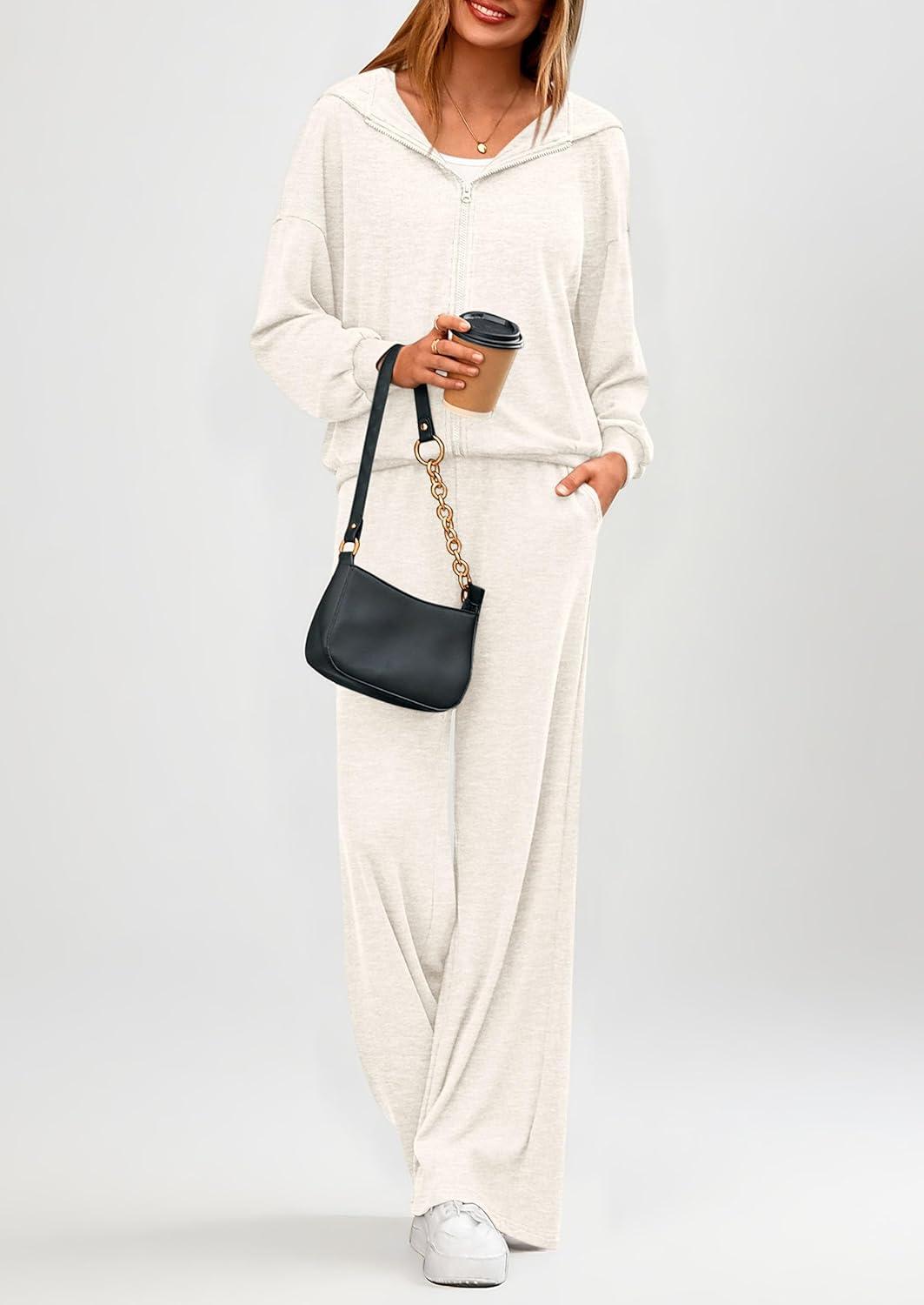 imagePRETTYGARDEN Womens 2 Piece Fall Lounge Sets 2026 Zip Up Hoodie Wide Leg Tracksuit Spring Matching Travel Outfits ClothesWhite