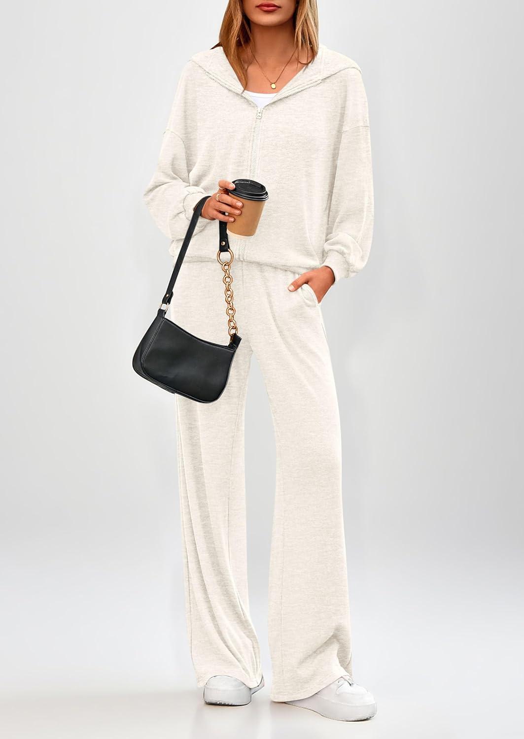 imagePRETTYGARDEN Womens 2 Piece Fall Lounge Sets 2026 Zip Up Hoodie Wide Leg Tracksuit Spring Matching Travel Outfits ClothesWhite