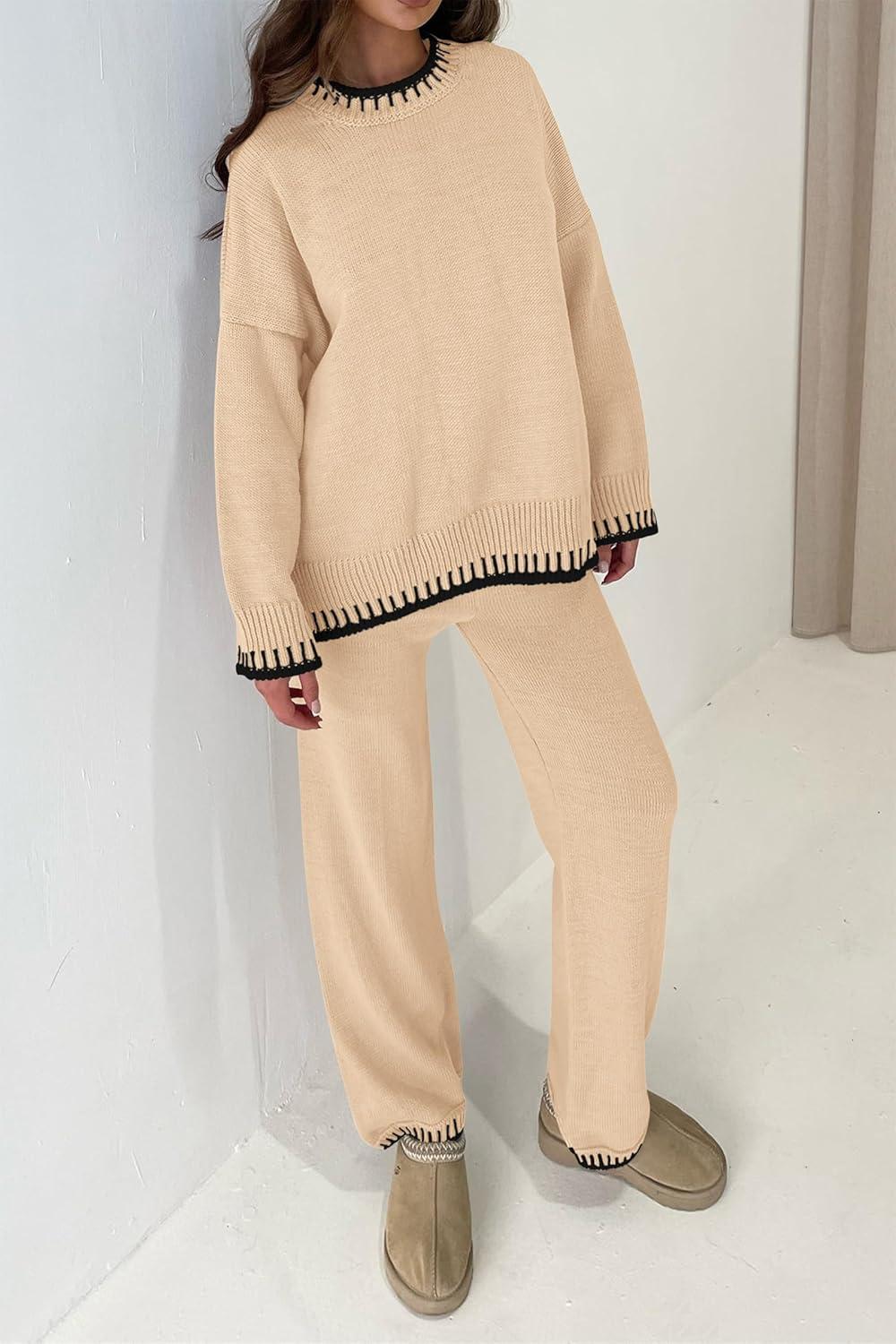 imagePRETTYGARDEN Womens 2 Piece Knit Sweater Outfit Casual Long Sleeve Pullover Wide Leg Pants Tracksuit Loungewear SetBeige