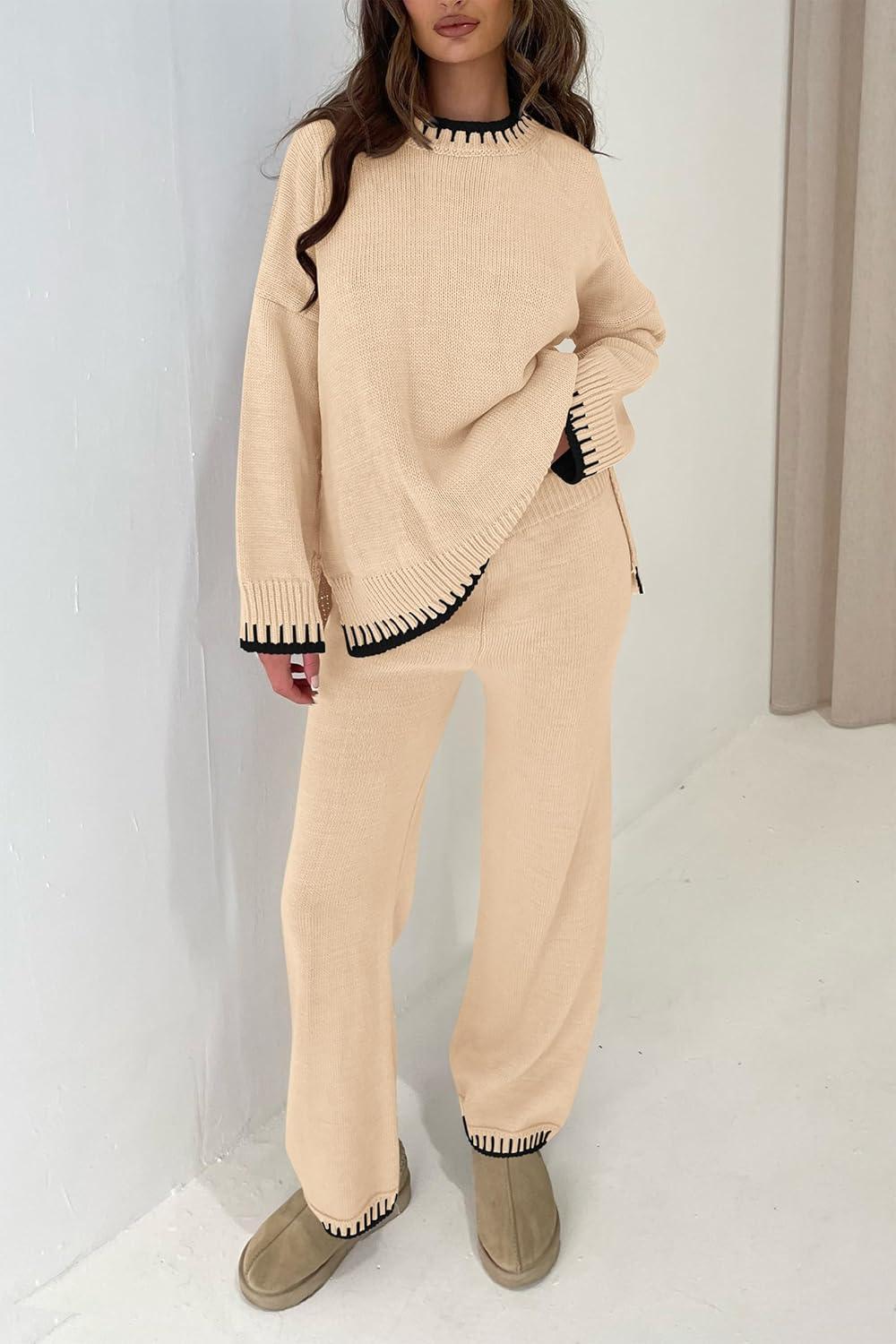 imagePRETTYGARDEN Womens 2 Piece Knit Sweater Outfit Casual Long Sleeve Pullover Wide Leg Pants Tracksuit Loungewear SetBeige