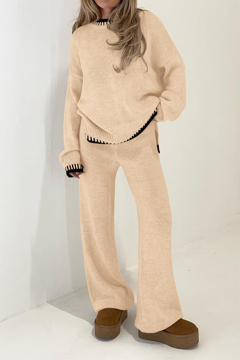 imagePRETTYGARDEN Womens 2 Piece Knit Sweater Outfit Casual Long Sleeve Pullover Wide Leg Pants Tracksuit Loungewear SetBeige