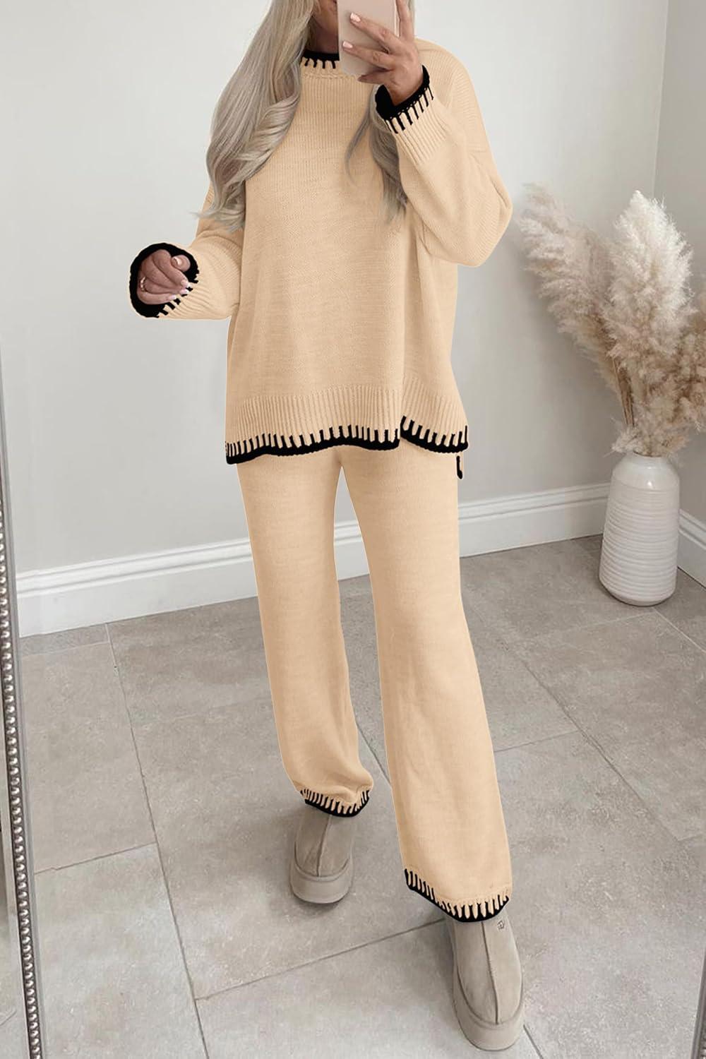 imagePRETTYGARDEN Womens 2 Piece Knit Sweater Outfit Casual Long Sleeve Pullover Wide Leg Pants Tracksuit Loungewear SetBeige