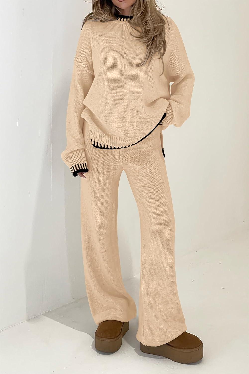 imagePRETTYGARDEN Womens 2 Piece Knit Sweater Outfit Casual Long Sleeve Pullover Wide Leg Pants Tracksuit Loungewear SetBeige