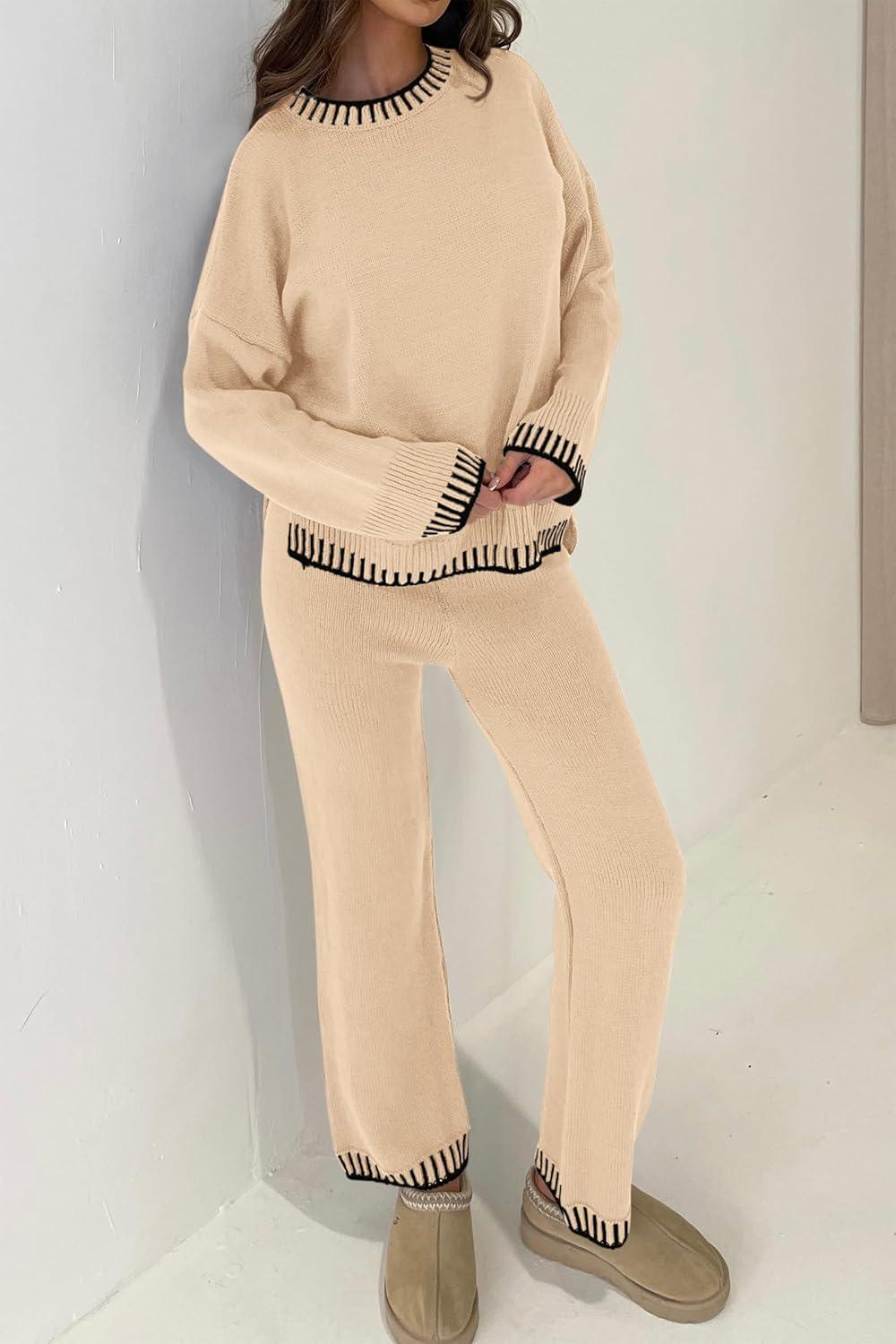imagePRETTYGARDEN Womens 2 Piece Knit Sweater Outfit Casual Long Sleeve Pullover Wide Leg Pants Tracksuit Loungewear SetBeige