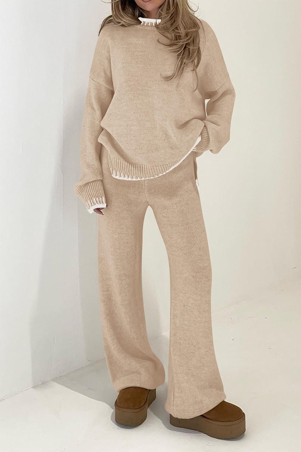 imagePRETTYGARDEN Womens 2 Piece Knit Sweater Outfit Casual Long Sleeve Pullover Wide Leg Pants Tracksuit Loungewear SetBeige Apricot