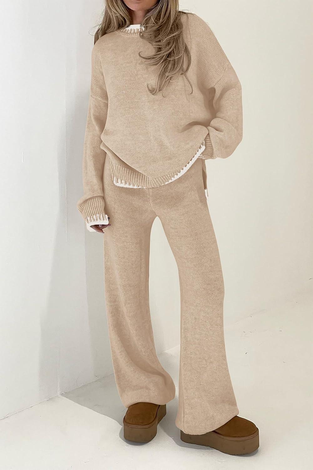 imagePRETTYGARDEN Womens 2 Piece Knit Sweater Outfit Casual Long Sleeve Pullover Wide Leg Pants Tracksuit Loungewear SetBeige Apricot