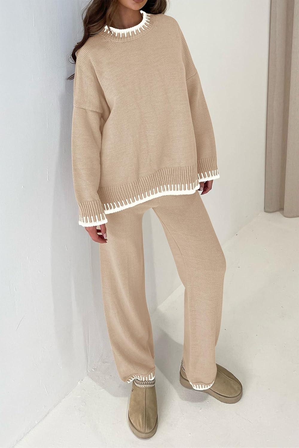 imagePRETTYGARDEN Womens 2 Piece Knit Sweater Outfit Casual Long Sleeve Pullover Wide Leg Pants Tracksuit Loungewear SetBeige Apricot