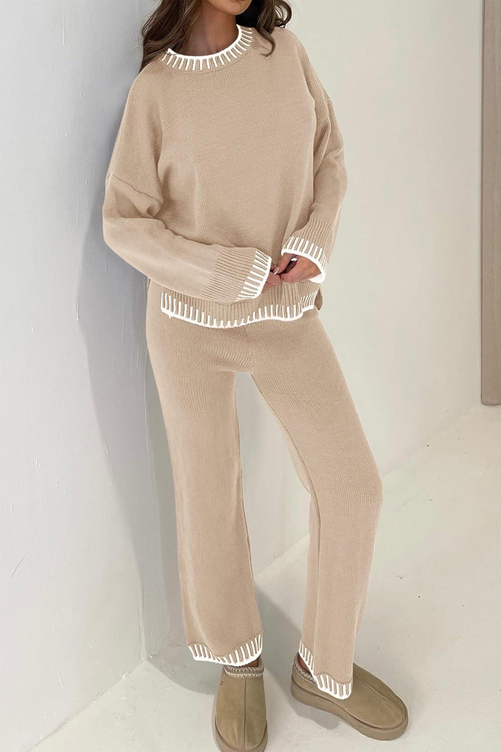 imagePRETTYGARDEN Womens 2 Piece Knit Sweater Outfit Casual Long Sleeve Pullover Wide Leg Pants Tracksuit Loungewear SetBeige Apricot