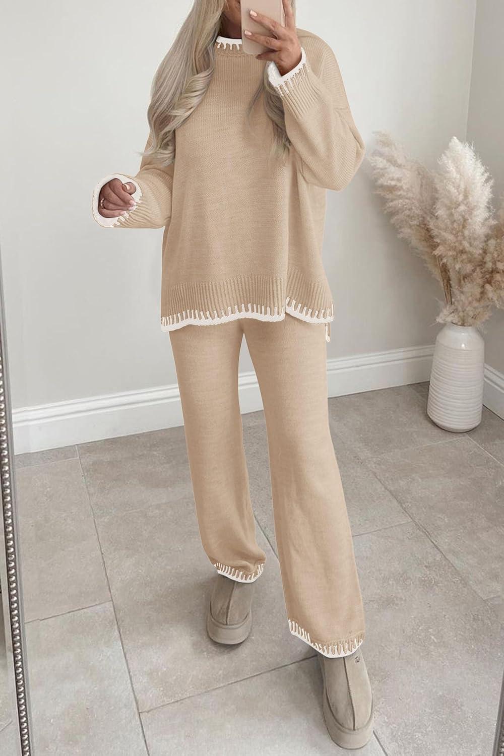imagePRETTYGARDEN Womens 2 Piece Knit Sweater Outfit Casual Long Sleeve Pullover Wide Leg Pants Tracksuit Loungewear SetBeige Apricot