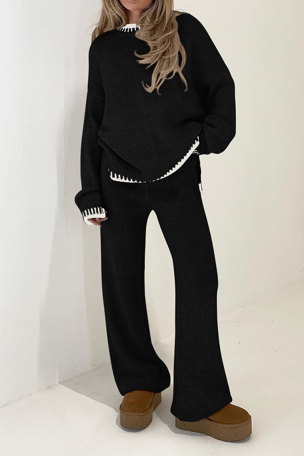 imagePRETTYGARDEN Womens 2 Piece Knit Sweater Outfit Casual Long Sleeve Pullover Wide Leg Pants Tracksuit Loungewear SetBlack