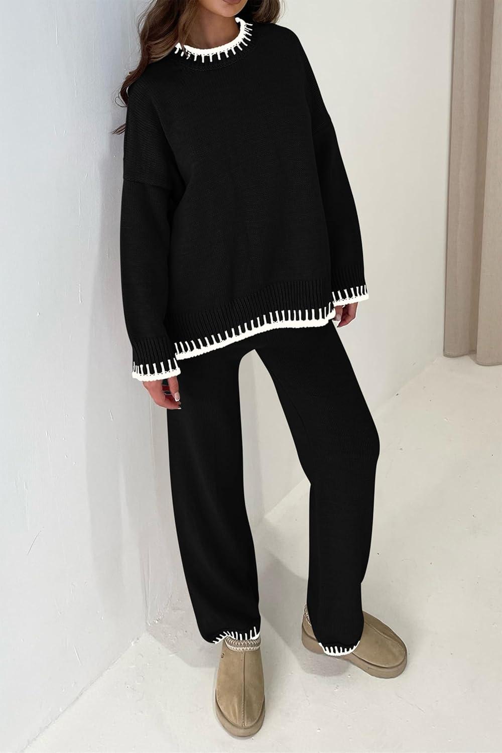 imagePRETTYGARDEN Womens 2 Piece Knit Sweater Outfit Casual Long Sleeve Pullover Wide Leg Pants Tracksuit Loungewear SetBlack