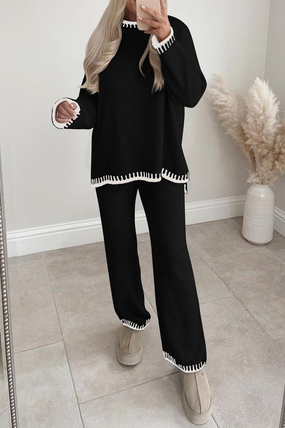 imagePRETTYGARDEN Womens 2 Piece Knit Sweater Outfit Casual Long Sleeve Pullover Wide Leg Pants Tracksuit Loungewear SetBlack