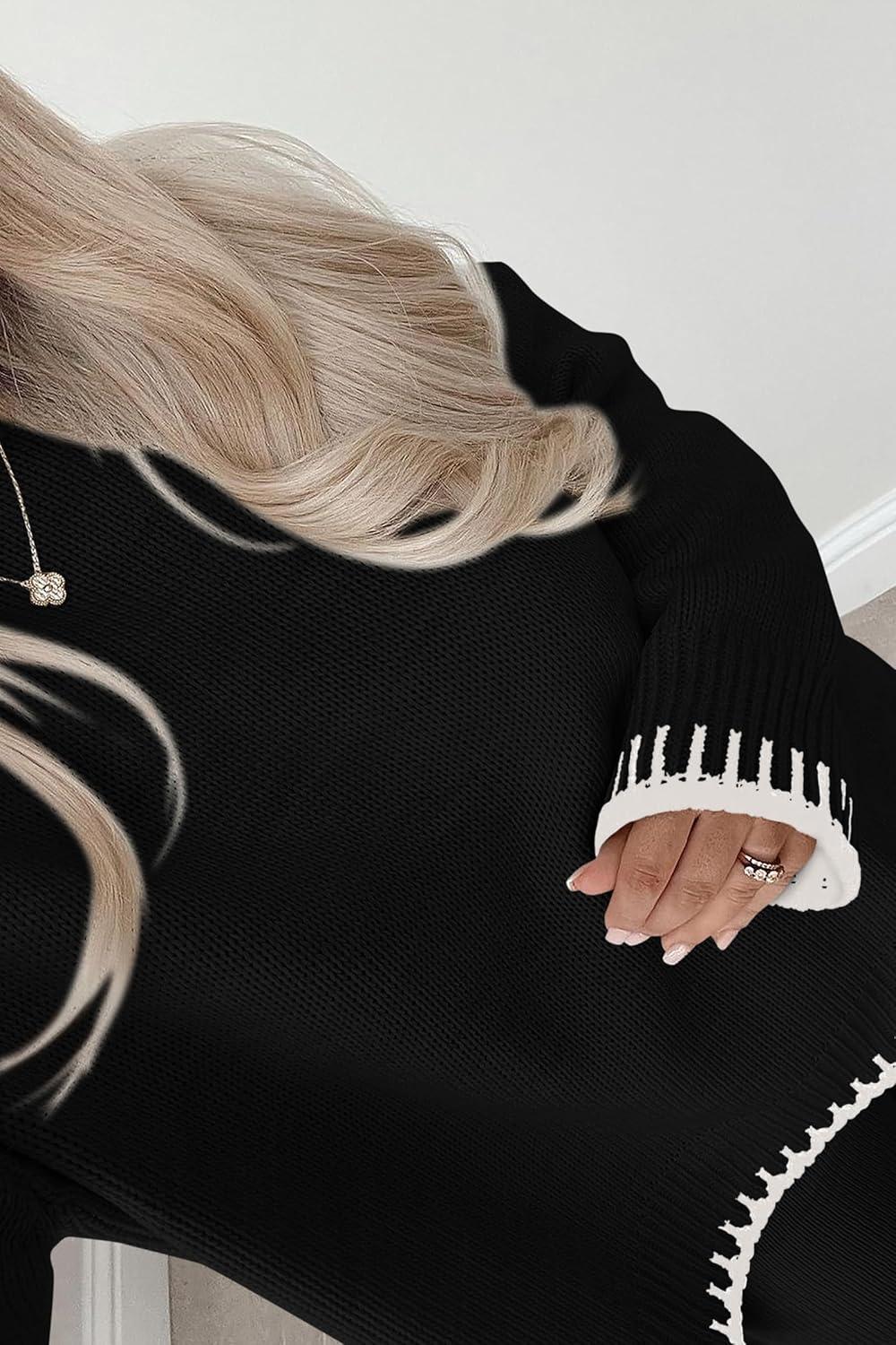 imagePRETTYGARDEN Womens 2 Piece Knit Sweater Outfit Casual Long Sleeve Pullover Wide Leg Pants Tracksuit Loungewear SetBlack