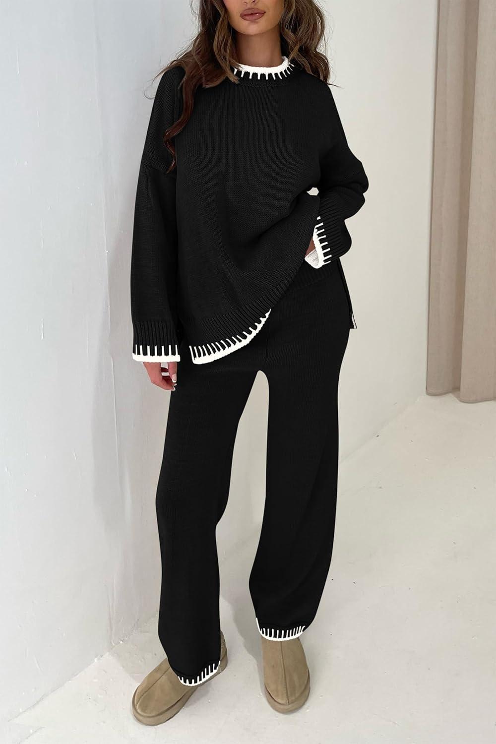 imagePRETTYGARDEN Womens 2 Piece Knit Sweater Outfit Casual Long Sleeve Pullover Wide Leg Pants Tracksuit Loungewear SetBlack