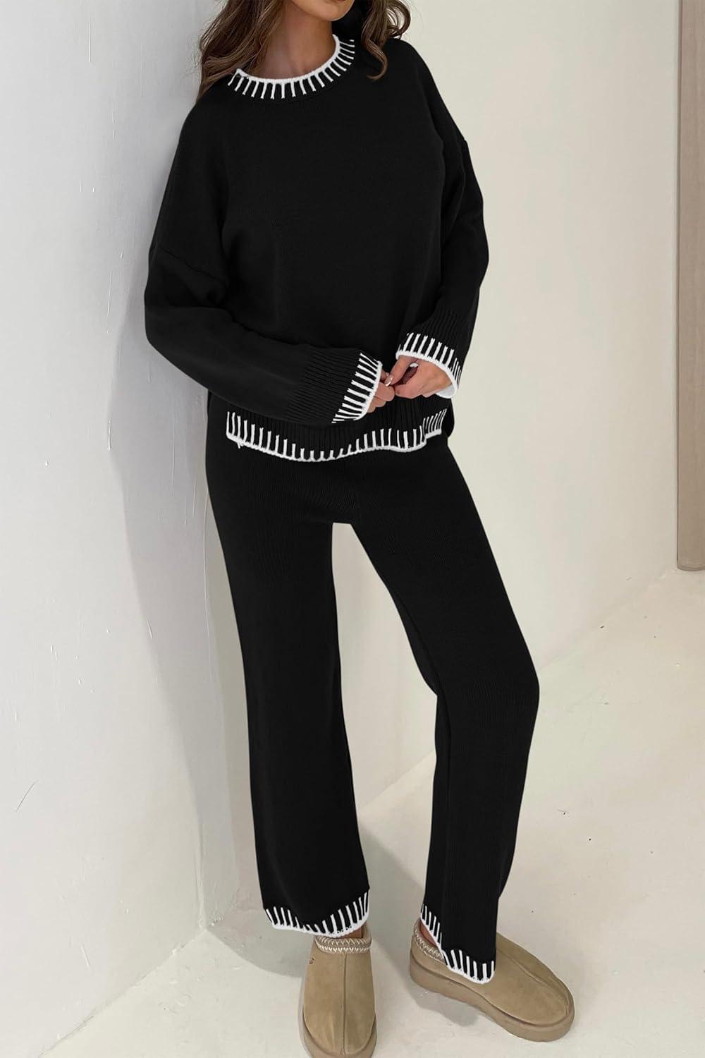 imagePRETTYGARDEN Womens 2 Piece Knit Sweater Outfit Casual Long Sleeve Pullover Wide Leg Pants Tracksuit Loungewear SetBlack