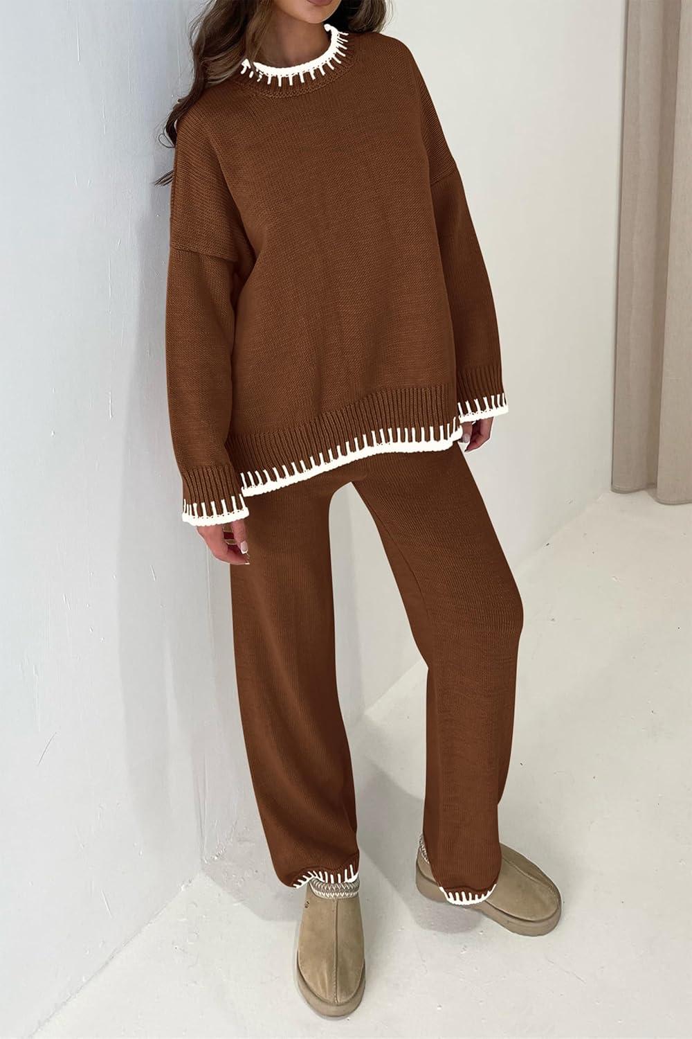 imagePRETTYGARDEN Womens 2 Piece Knit Sweater Outfit Casual Long Sleeve Pullover Wide Leg Pants Tracksuit Loungewear SetBrown