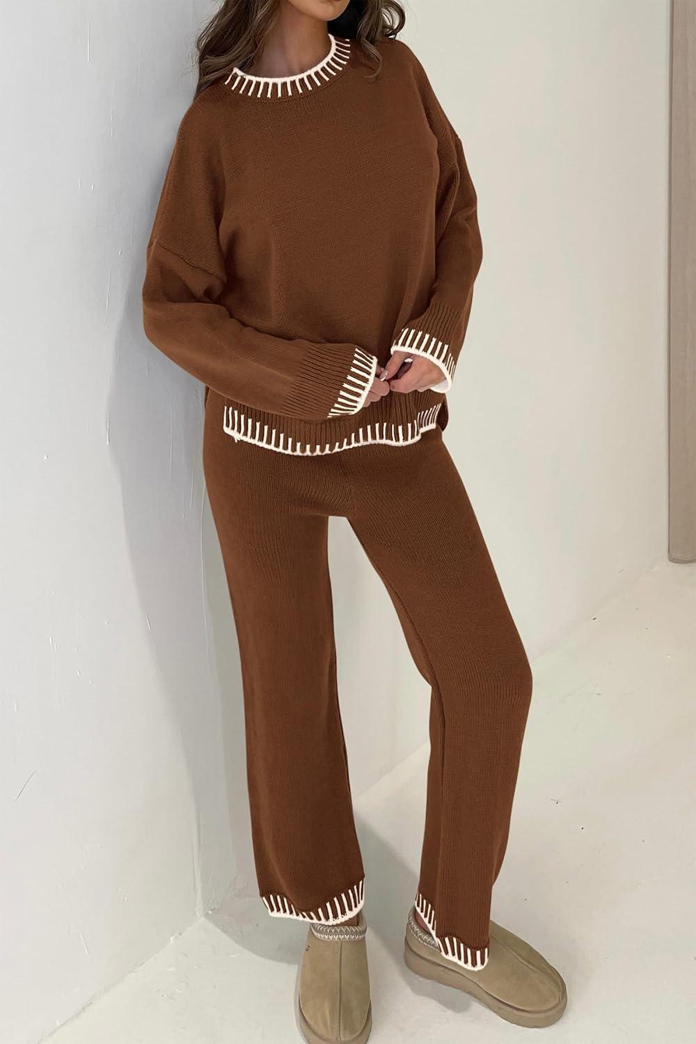 imagePRETTYGARDEN Womens 2 Piece Knit Sweater Outfit Casual Long Sleeve Pullover Wide Leg Pants Tracksuit Loungewear SetBrown