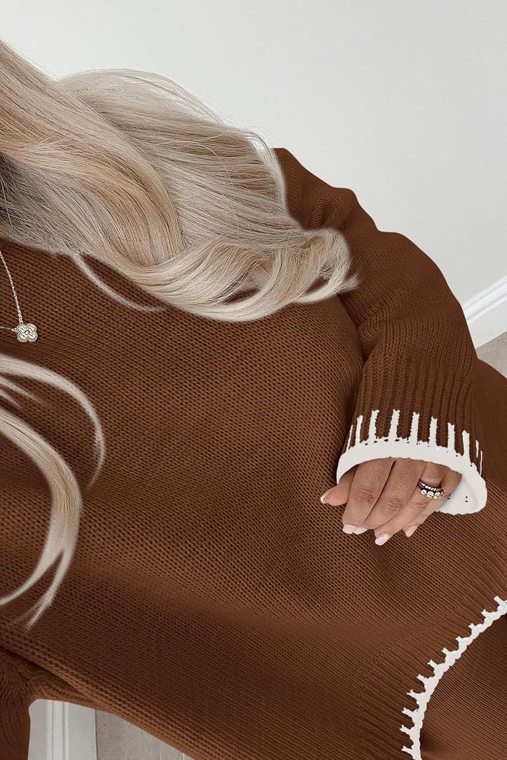 imagePRETTYGARDEN Womens 2 Piece Knit Sweater Outfit Casual Long Sleeve Pullover Wide Leg Pants Tracksuit Loungewear SetBrown