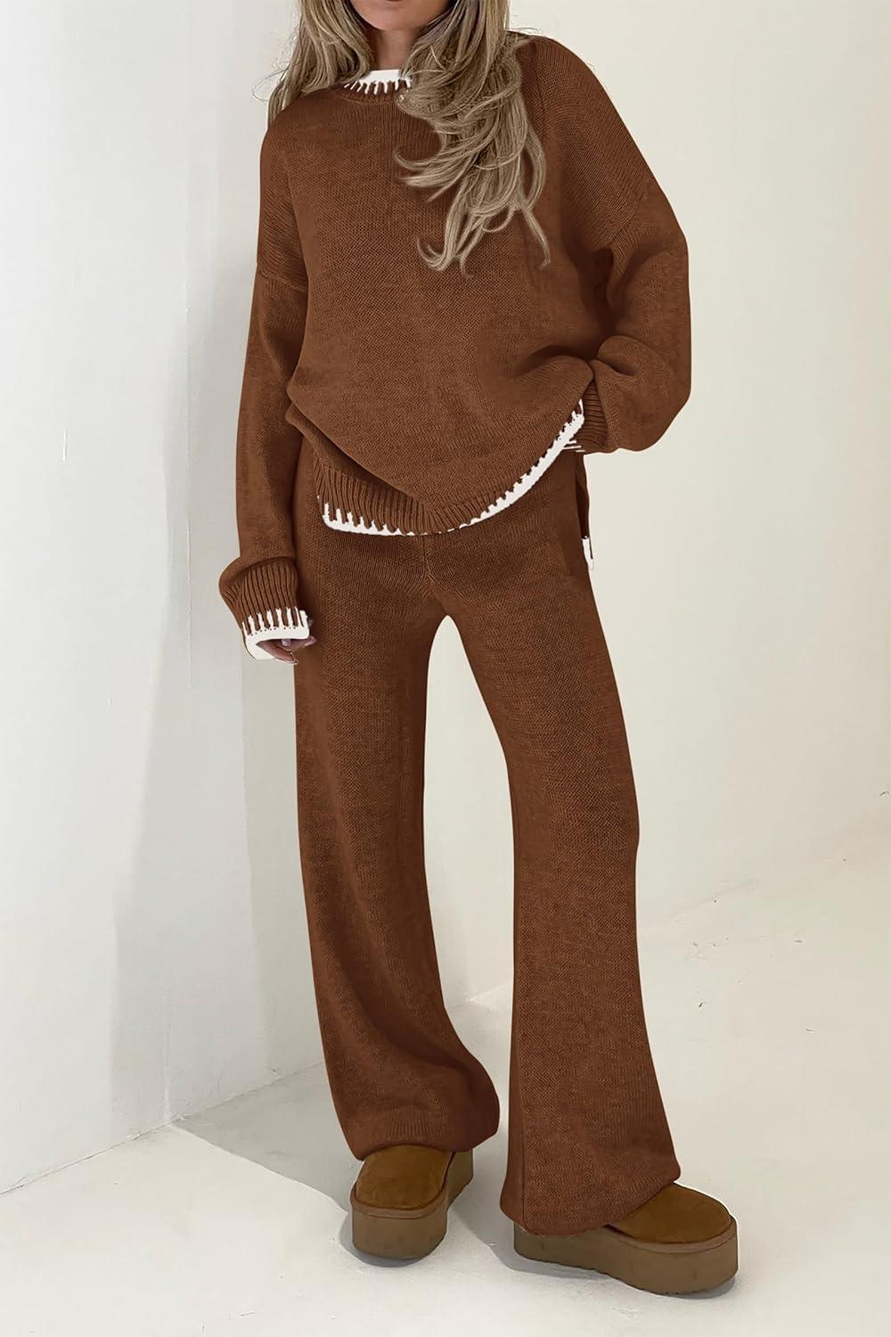 imagePRETTYGARDEN Womens 2 Piece Knit Sweater Outfit Casual Long Sleeve Pullover Wide Leg Pants Tracksuit Loungewear SetBrown