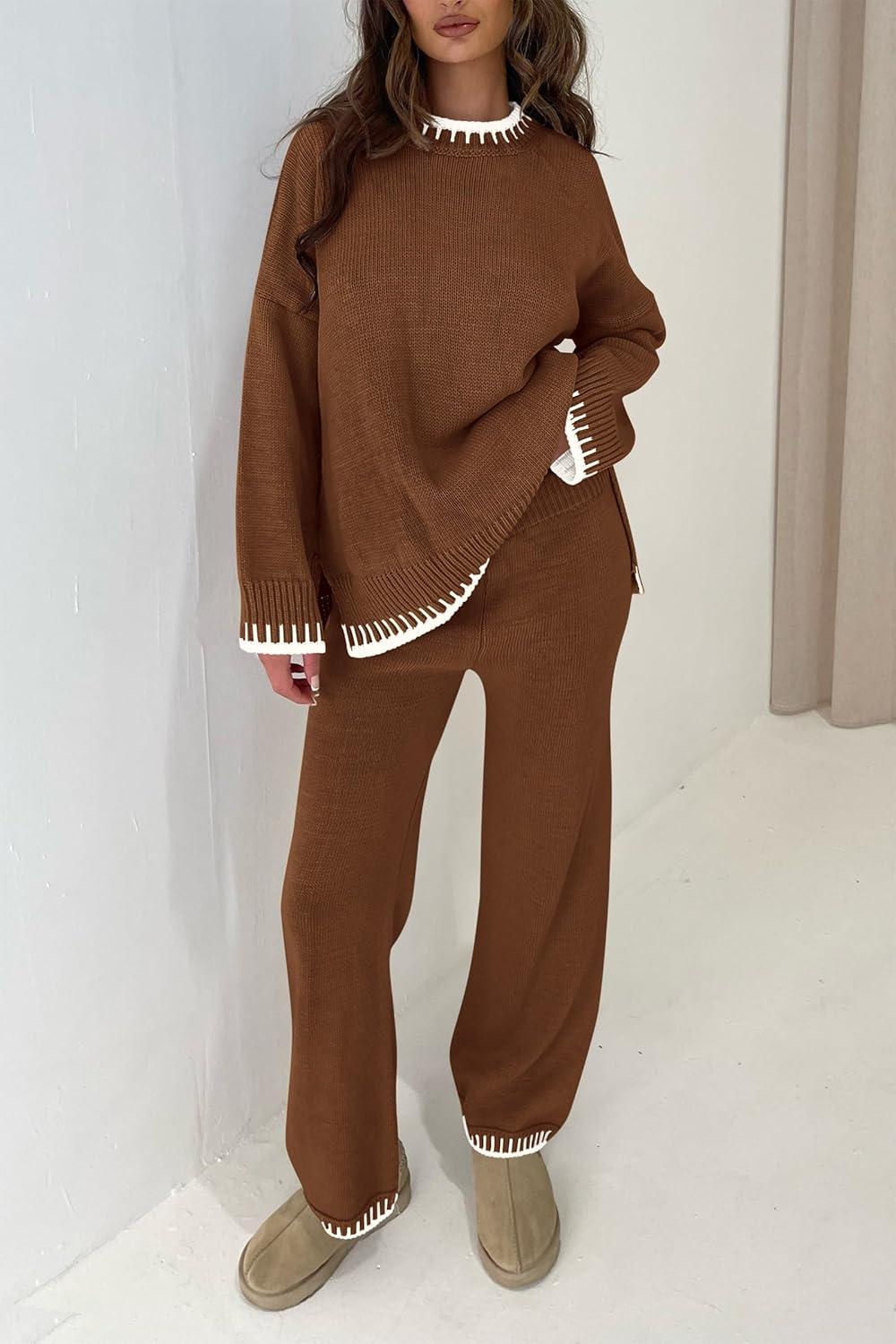 imagePRETTYGARDEN Womens 2 Piece Knit Sweater Outfit Casual Long Sleeve Pullover Wide Leg Pants Tracksuit Loungewear SetBrown