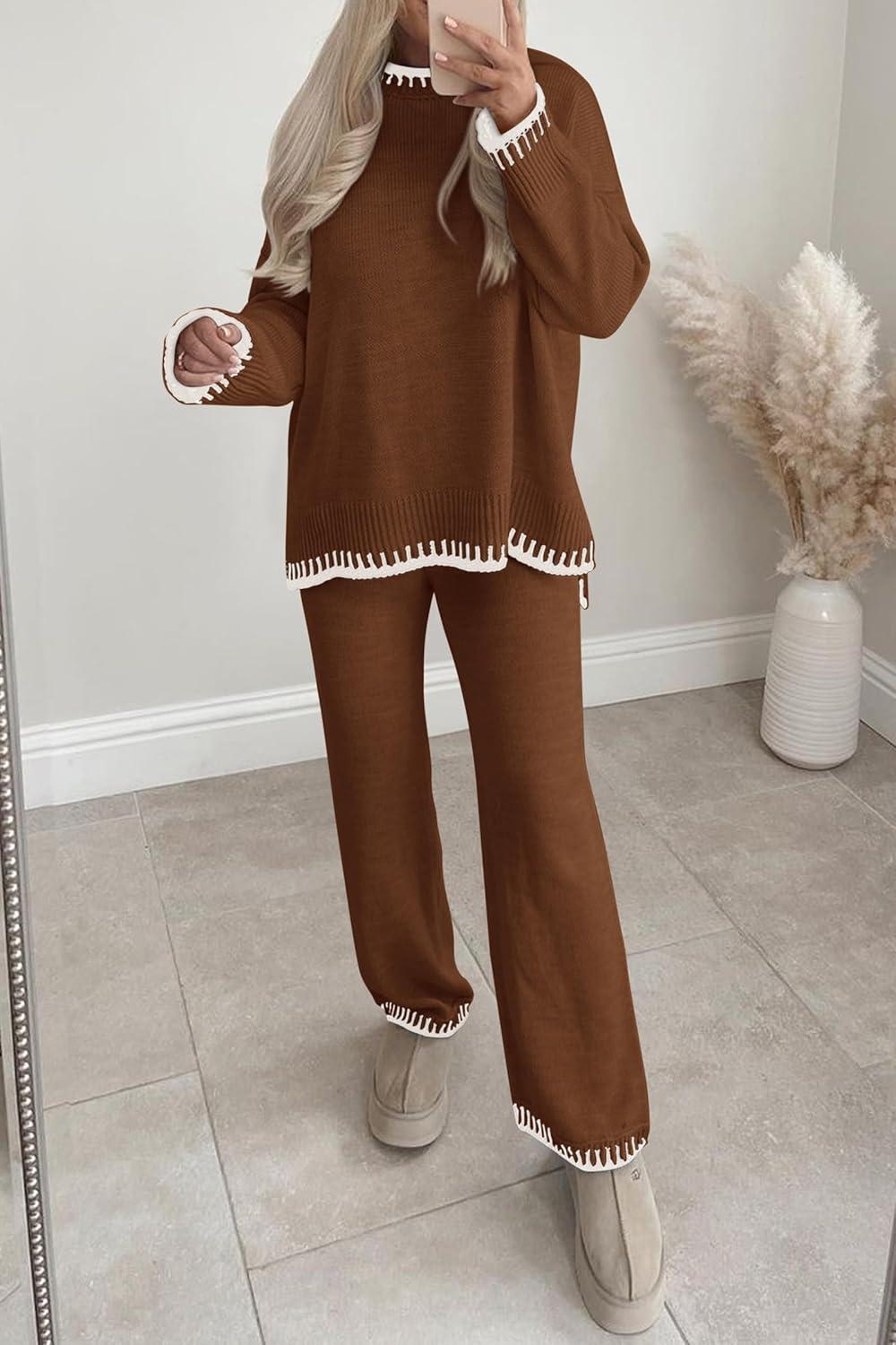 imagePRETTYGARDEN Womens 2 Piece Knit Sweater Outfit Casual Long Sleeve Pullover Wide Leg Pants Tracksuit Loungewear SetBrown