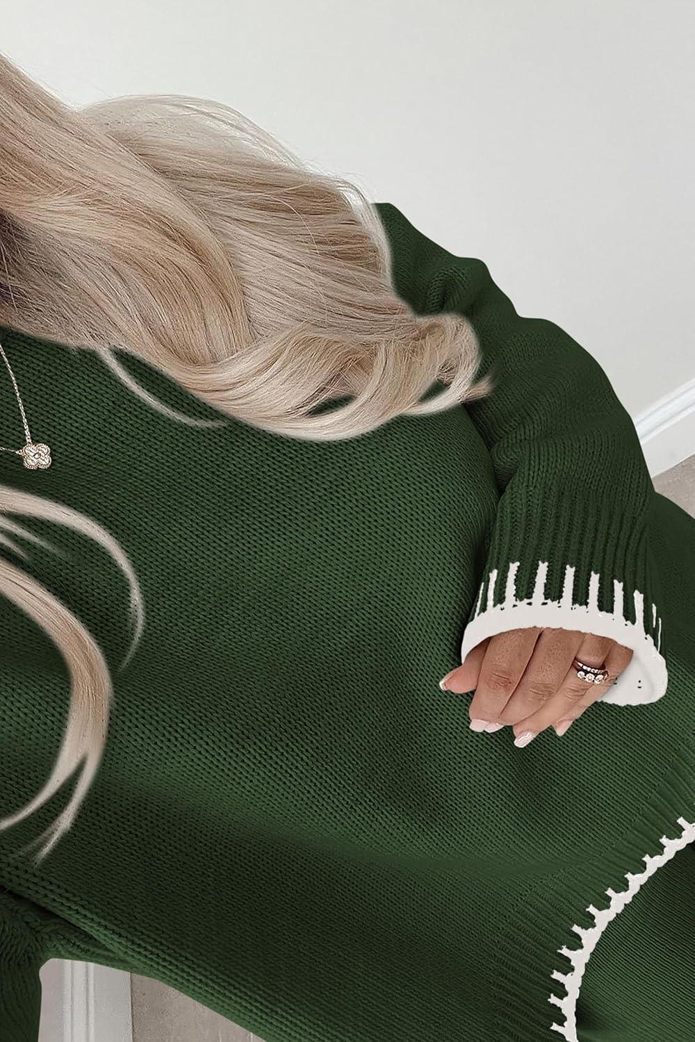 imagePRETTYGARDEN Womens 2 Piece Knit Sweater Outfit Casual Long Sleeve Pullover Wide Leg Pants Tracksuit Loungewear SetDark Green