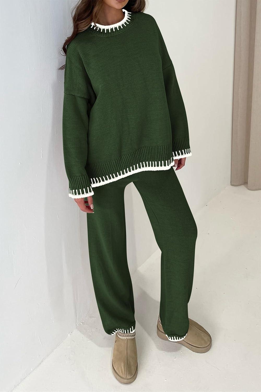imagePRETTYGARDEN Womens 2 Piece Knit Sweater Outfit Casual Long Sleeve Pullover Wide Leg Pants Tracksuit Loungewear SetDark Green