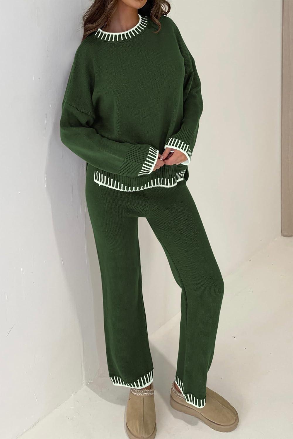 imagePRETTYGARDEN Womens 2 Piece Knit Sweater Outfit Casual Long Sleeve Pullover Wide Leg Pants Tracksuit Loungewear SetDark Green