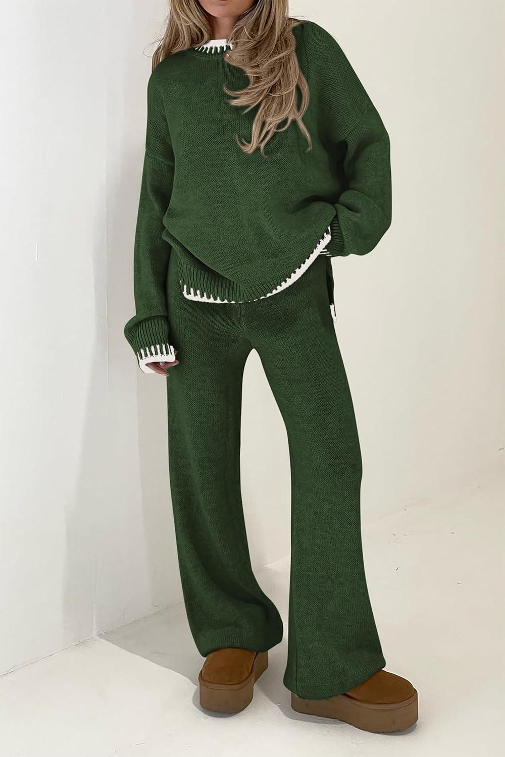 imagePRETTYGARDEN Womens 2 Piece Knit Sweater Outfit Casual Long Sleeve Pullover Wide Leg Pants Tracksuit Loungewear SetDark Green