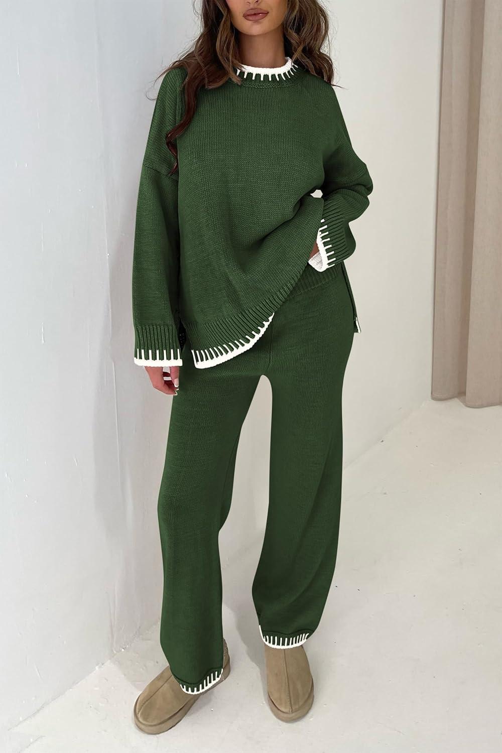 imagePRETTYGARDEN Womens 2 Piece Knit Sweater Outfit Casual Long Sleeve Pullover Wide Leg Pants Tracksuit Loungewear SetDark Green