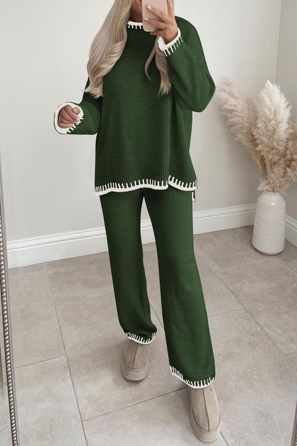 imagePRETTYGARDEN Womens 2 Piece Knit Sweater Outfit Casual Long Sleeve Pullover Wide Leg Pants Tracksuit Loungewear SetDark Green