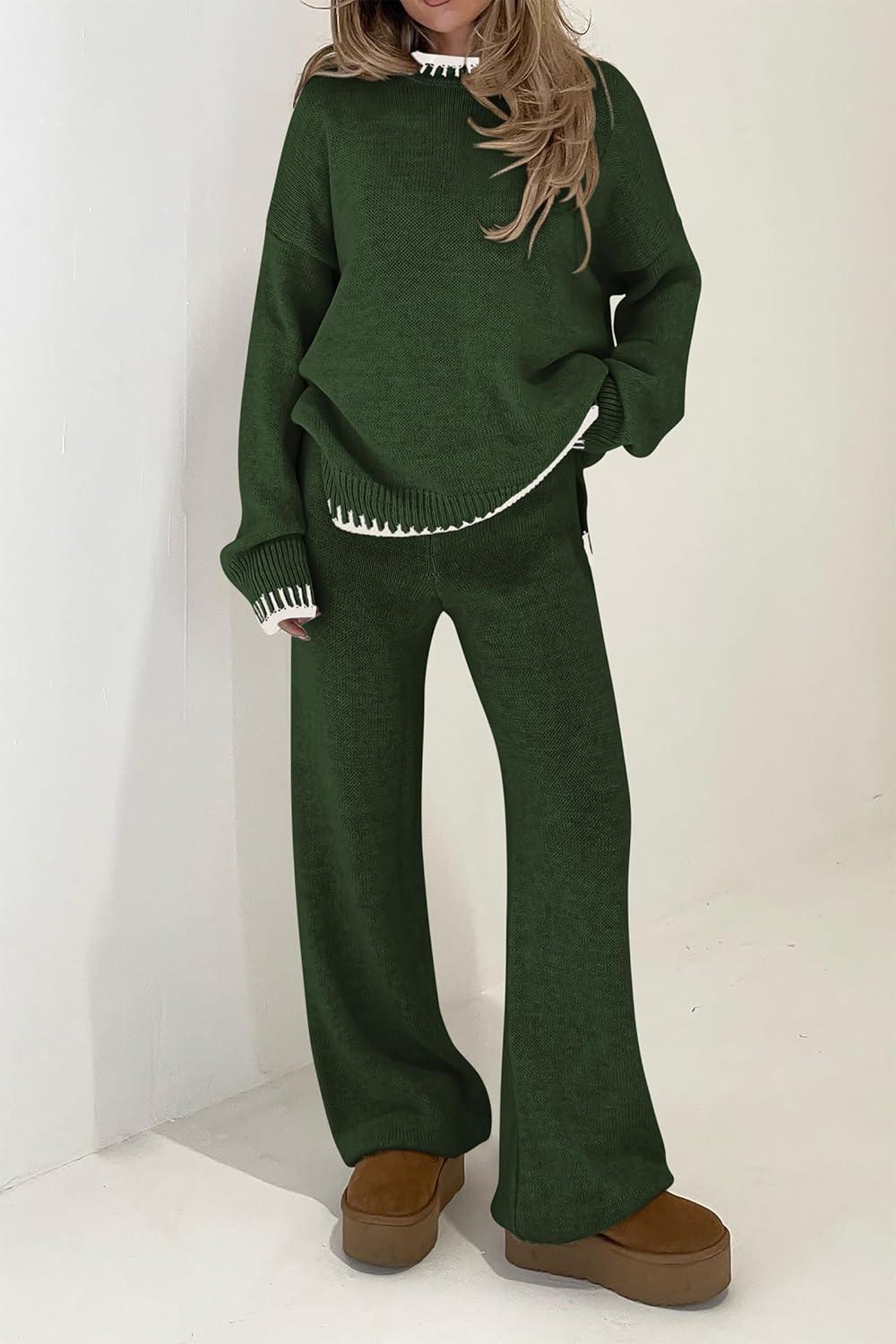 imagePRETTYGARDEN Womens 2 Piece Knit Sweater Outfit Casual Long Sleeve Pullover Wide Leg Pants Tracksuit Loungewear SetDark Green