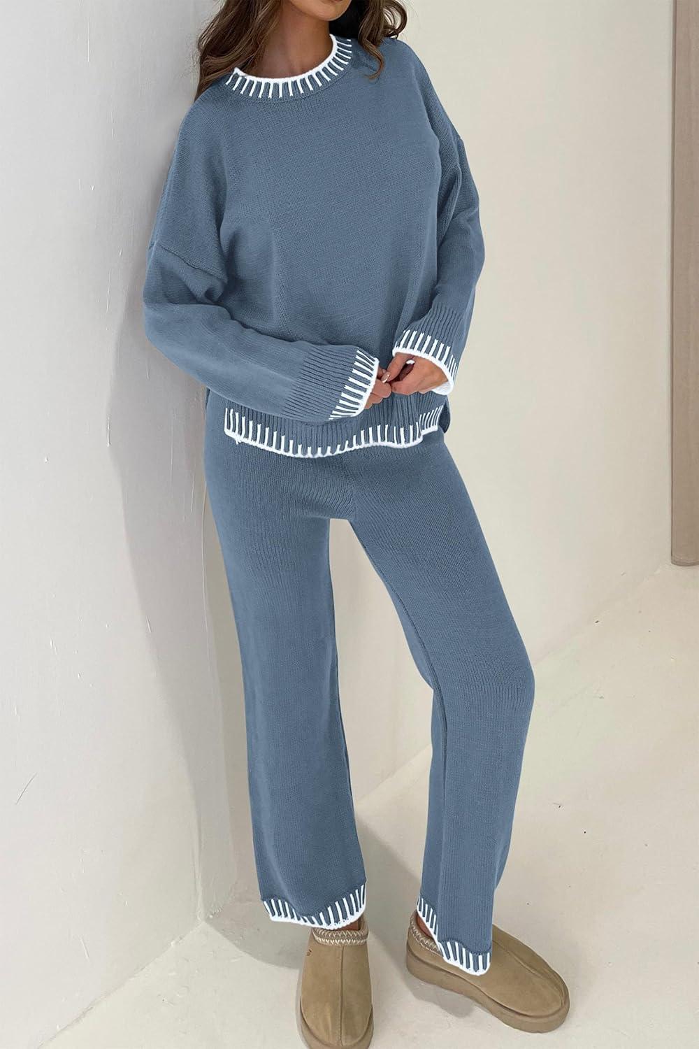imagePRETTYGARDEN Womens 2 Piece Knit Sweater Outfit Casual Long Sleeve Pullover Wide Leg Pants Tracksuit Loungewear SetHaze Blue