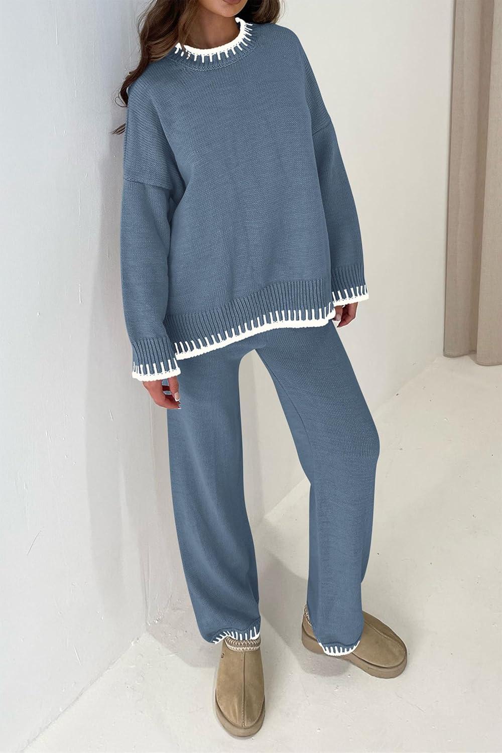 imagePRETTYGARDEN Womens 2 Piece Knit Sweater Outfit Casual Long Sleeve Pullover Wide Leg Pants Tracksuit Loungewear SetHaze Blue