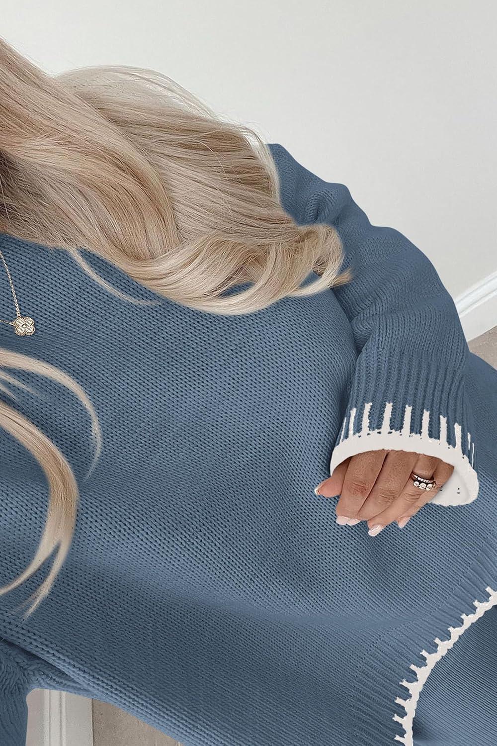 imagePRETTYGARDEN Womens 2 Piece Knit Sweater Outfit Casual Long Sleeve Pullover Wide Leg Pants Tracksuit Loungewear SetHaze Blue