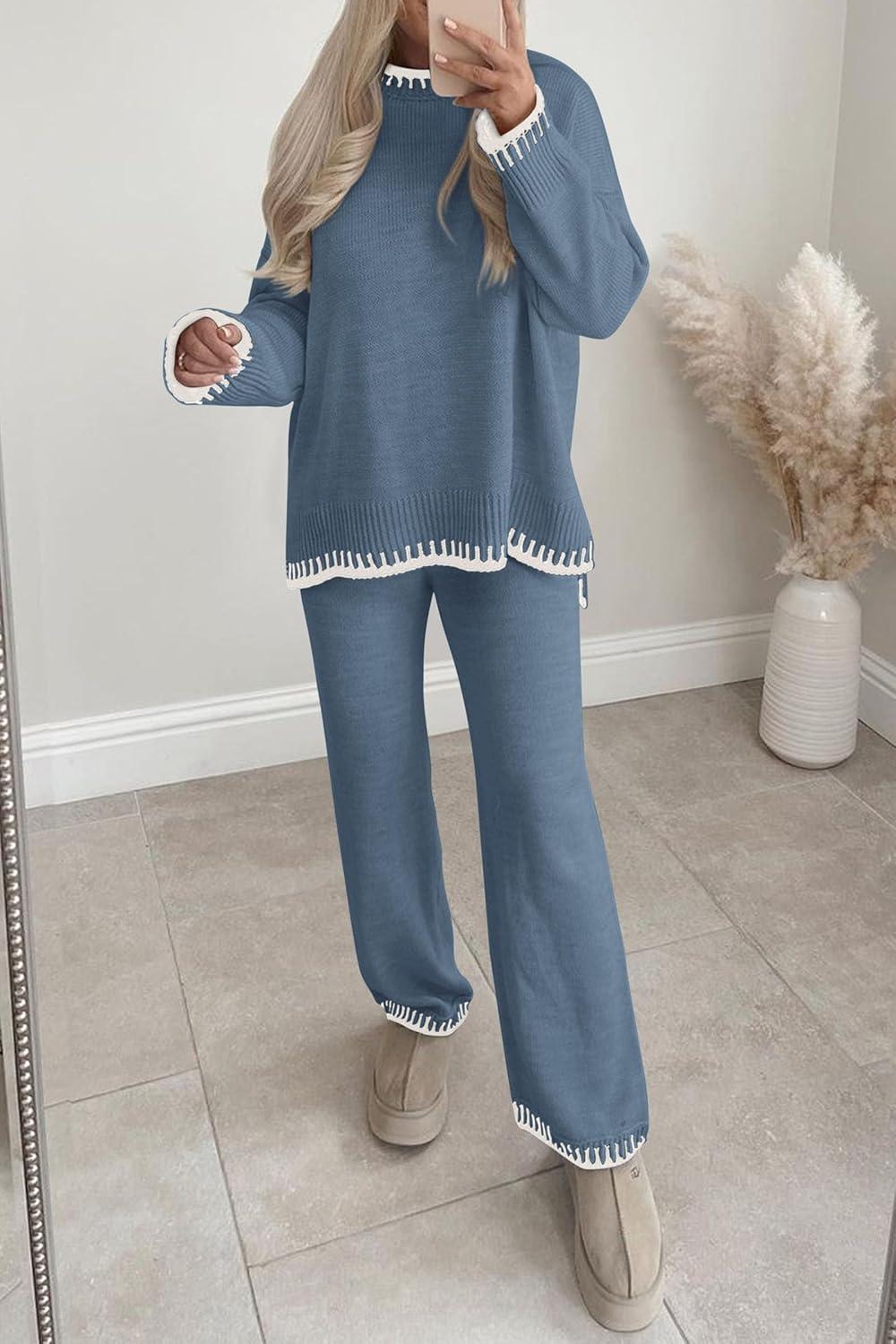 imagePRETTYGARDEN Womens 2 Piece Knit Sweater Outfit Casual Long Sleeve Pullover Wide Leg Pants Tracksuit Loungewear SetHaze Blue