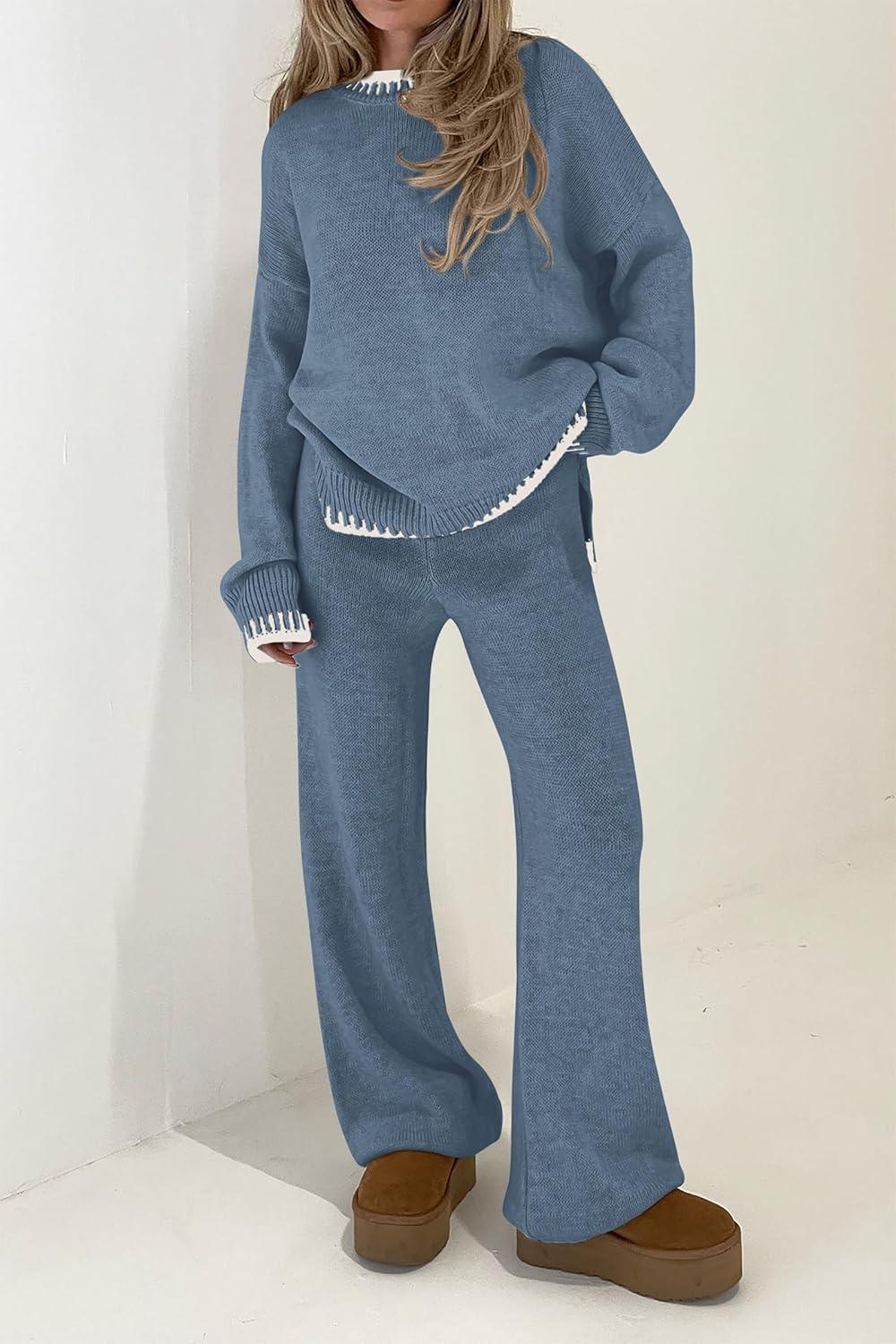 imagePRETTYGARDEN Womens 2 Piece Knit Sweater Outfit Casual Long Sleeve Pullover Wide Leg Pants Tracksuit Loungewear SetHaze Blue