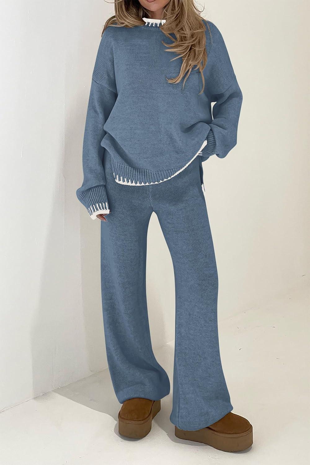 imagePRETTYGARDEN Womens 2 Piece Knit Sweater Outfit Casual Long Sleeve Pullover Wide Leg Pants Tracksuit Loungewear SetHaze Blue
