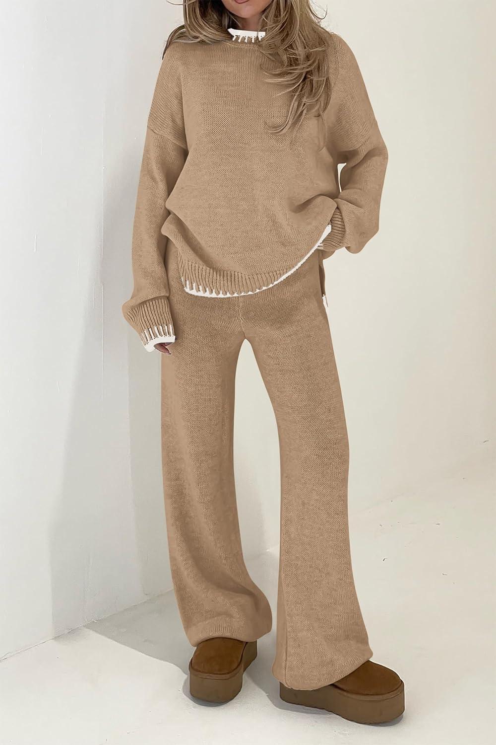 imagePRETTYGARDEN Womens 2 Piece Knit Sweater Outfit Casual Long Sleeve Pullover Wide Leg Pants Tracksuit Loungewear SetKhaki