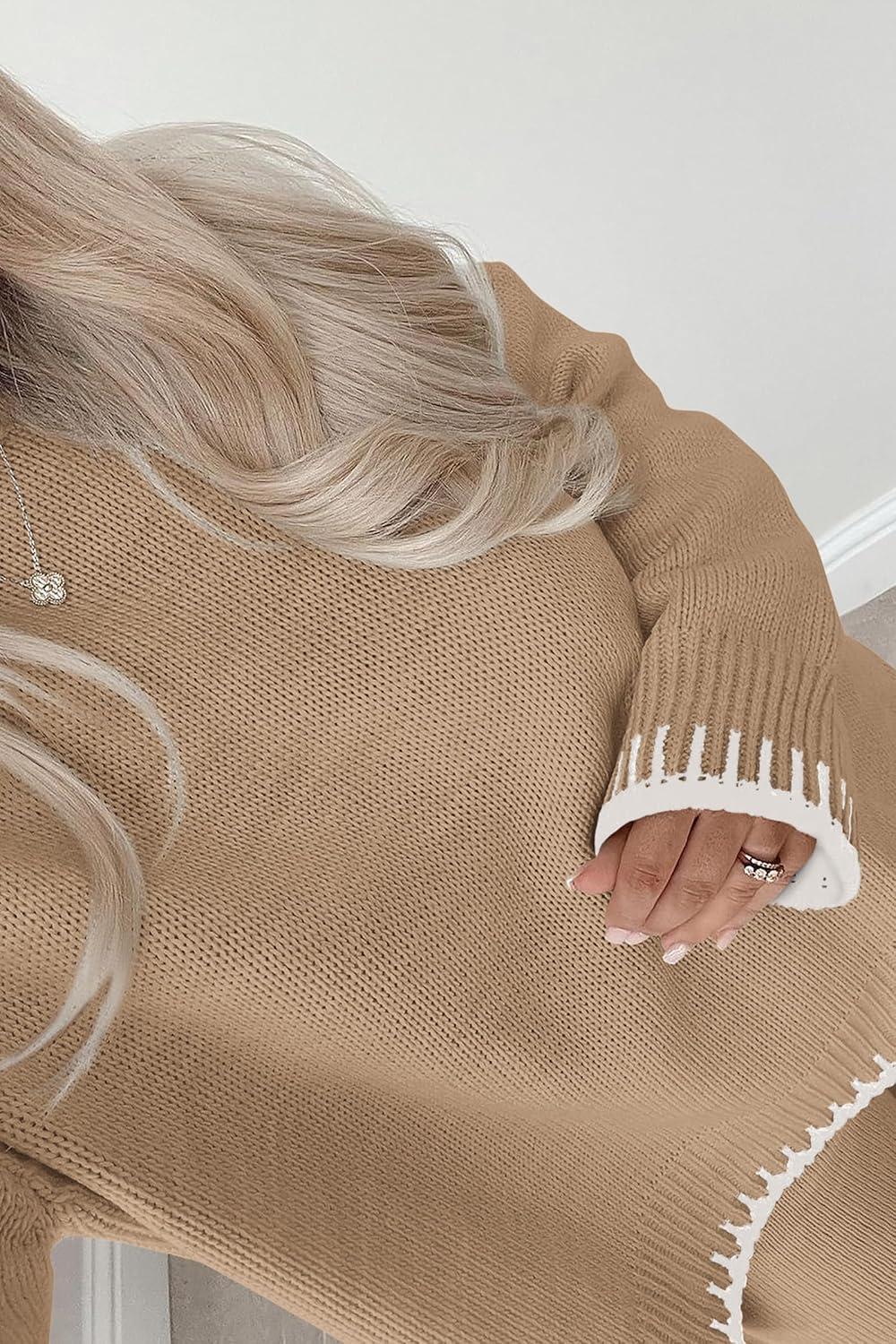 imagePRETTYGARDEN Womens 2 Piece Knit Sweater Outfit Casual Long Sleeve Pullover Wide Leg Pants Tracksuit Loungewear SetKhaki