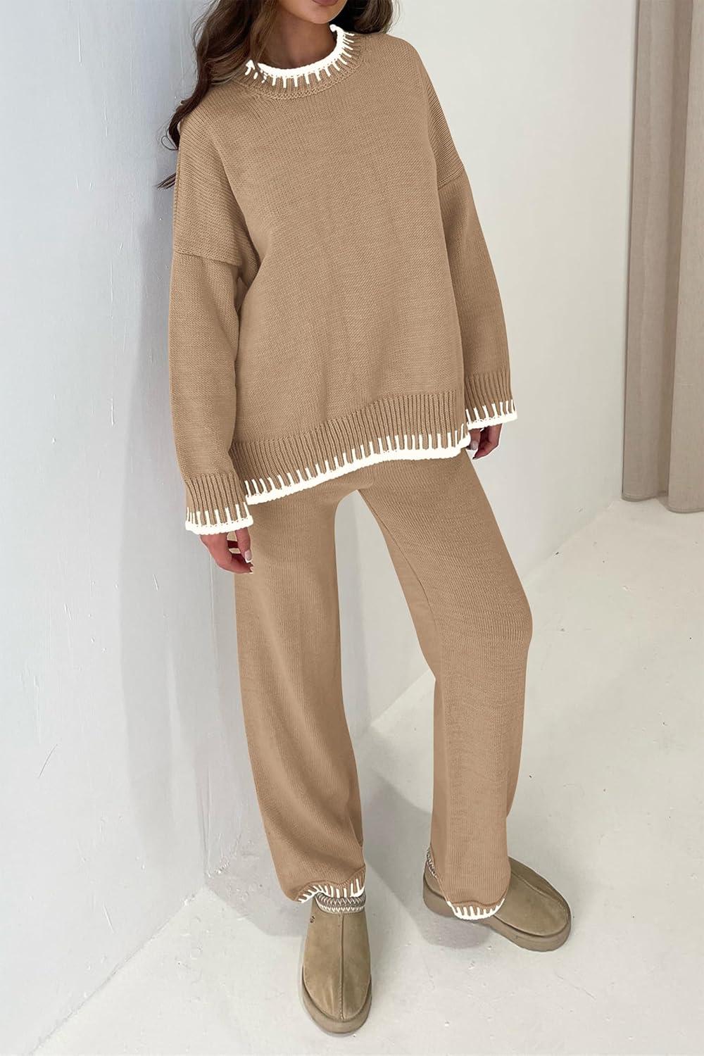 imagePRETTYGARDEN Womens 2 Piece Knit Sweater Outfit Casual Long Sleeve Pullover Wide Leg Pants Tracksuit Loungewear SetKhaki