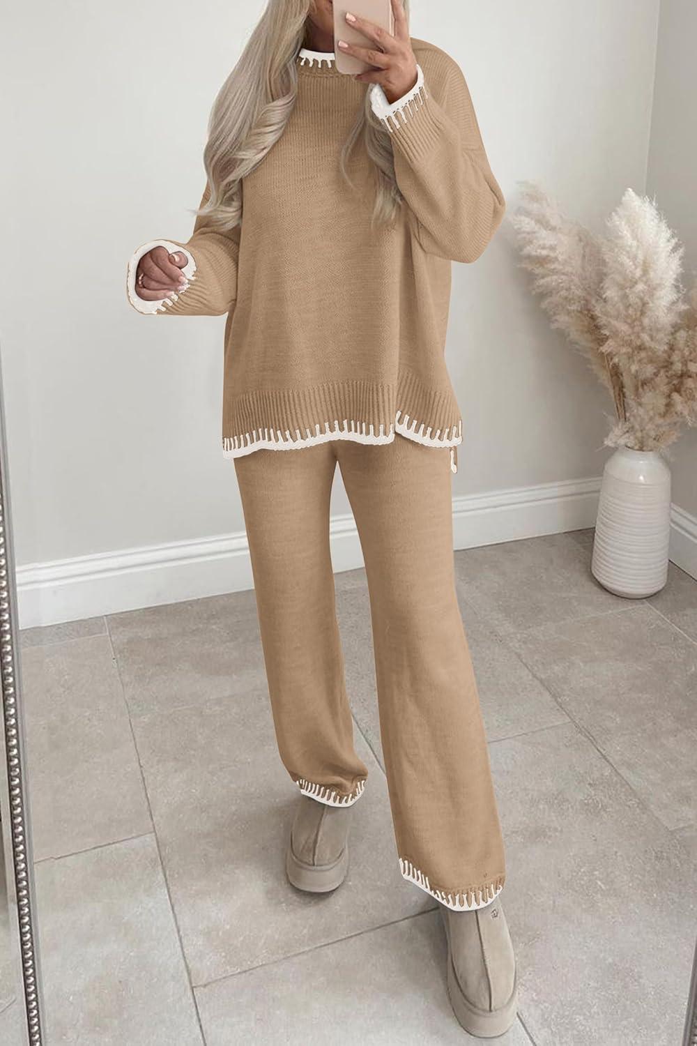 imagePRETTYGARDEN Womens 2 Piece Knit Sweater Outfit Casual Long Sleeve Pullover Wide Leg Pants Tracksuit Loungewear SetKhaki