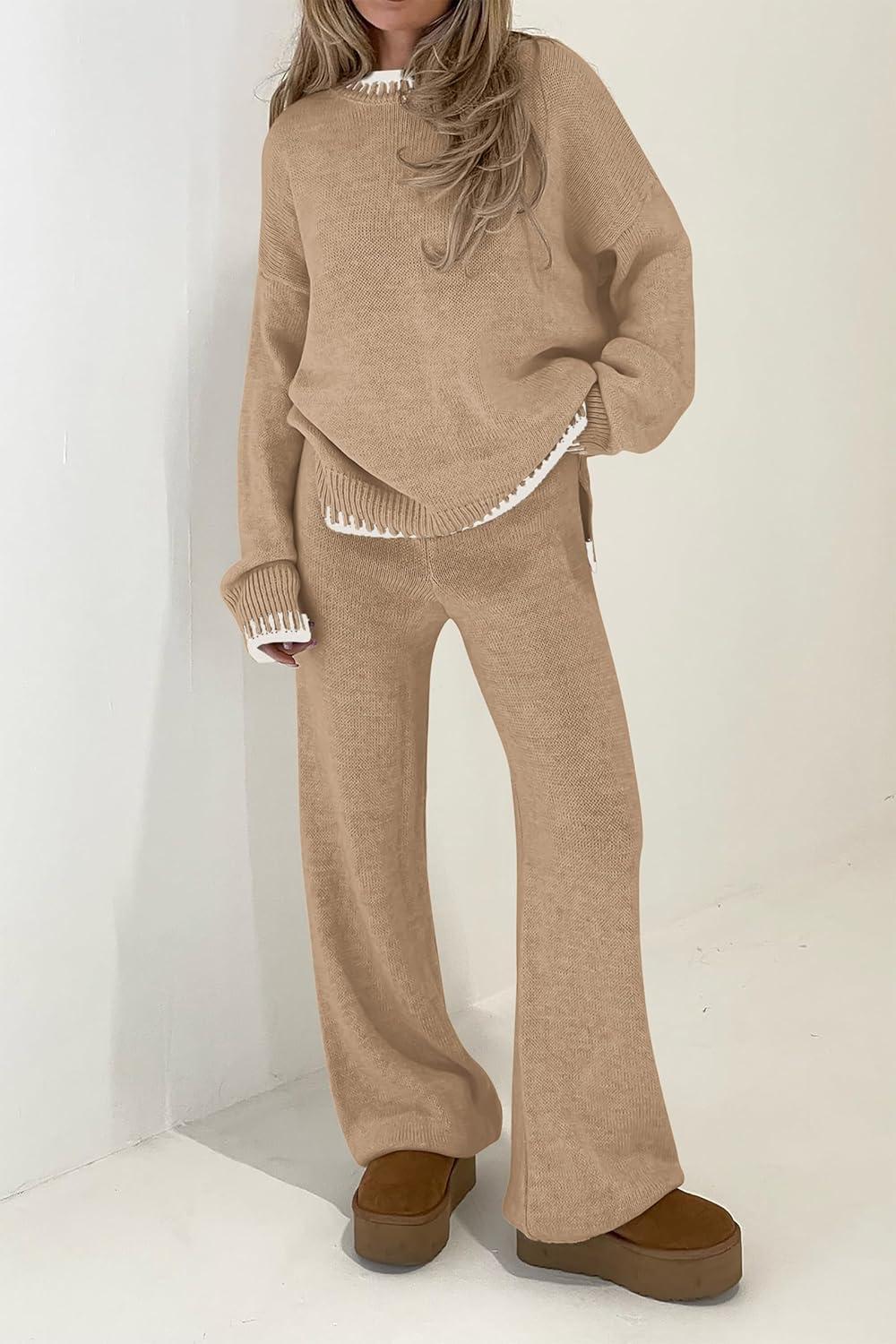 imagePRETTYGARDEN Womens 2 Piece Knit Sweater Outfit Casual Long Sleeve Pullover Wide Leg Pants Tracksuit Loungewear SetKhaki