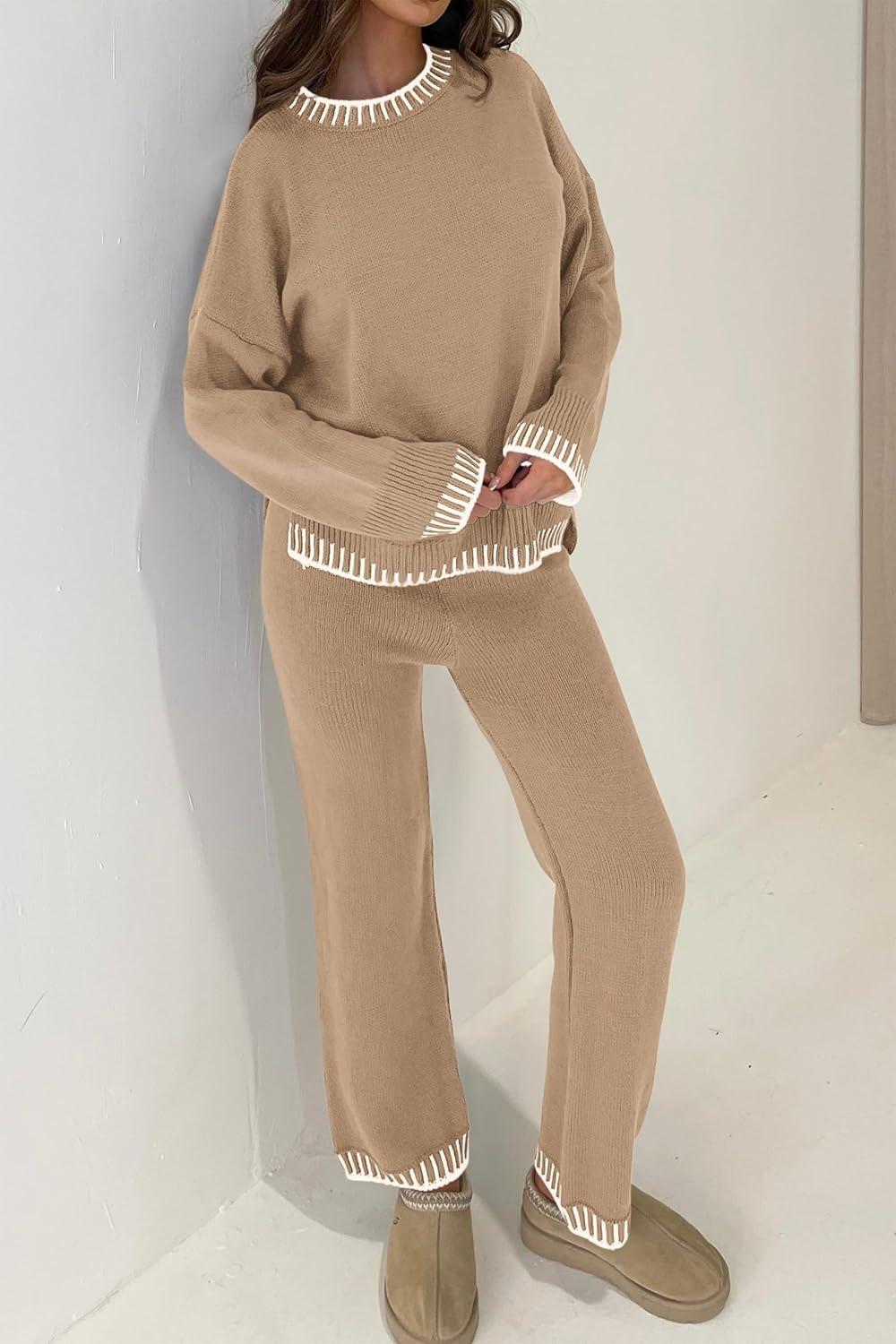 imagePRETTYGARDEN Womens 2 Piece Knit Sweater Outfit Casual Long Sleeve Pullover Wide Leg Pants Tracksuit Loungewear SetKhaki