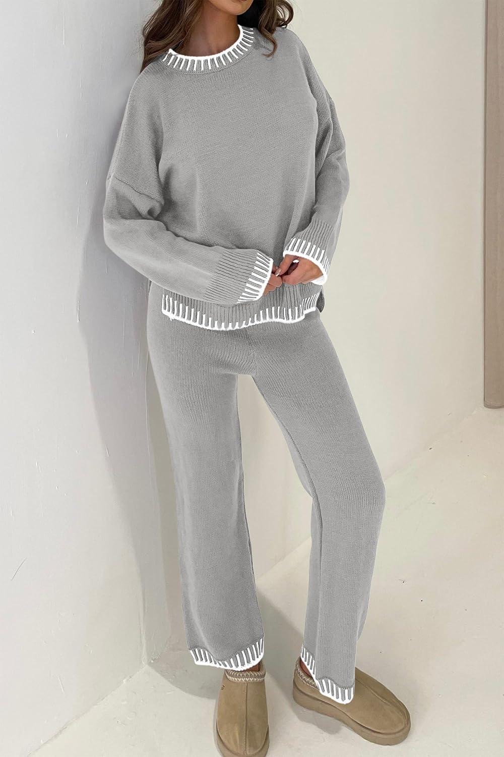 imagePRETTYGARDEN Womens 2 Piece Knit Sweater Outfit Casual Long Sleeve Pullover Wide Leg Pants Tracksuit Loungewear SetLight Grey